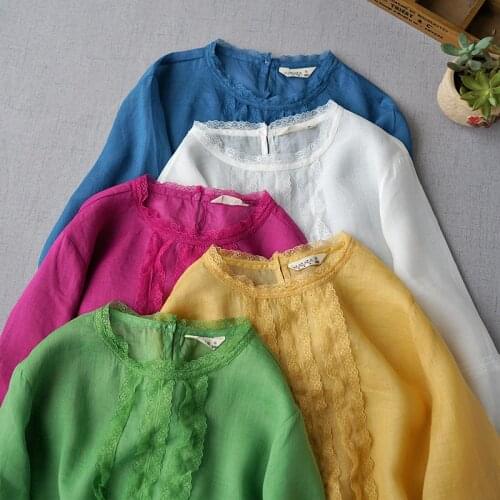 Sweet and delicate ramie small shirt spring and summer womens top beautiful lace stitching nine point sleeve shirt cute baby