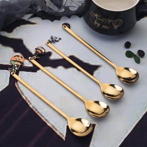4PCS Halloween Stainless Steel Golden Spoon Set Kitchen Utensil Coffee Spoon Ice Cream Dessert Tea Spoon Stirring Spoon