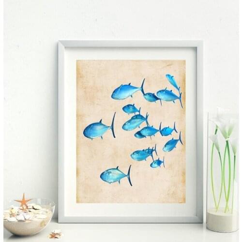 Fish Wall Art Canvas Painting Nursery Decor , Blue Fish Wall Hanging Picture Vintage Poster Prints Bathroom Home Decoration