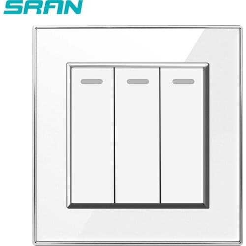 SRAN wall power light switch 3 open double control 3 gang 1/2 way luxury buttons switches 86*86mm crystal acrylic panel