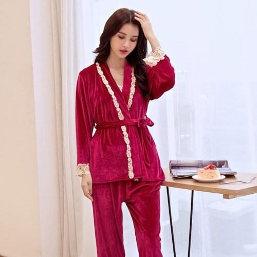 Autumn and Winter Womens Plush Pajamas Three-piece Sexy Suspender Trousers Long-sleeved Pajamas Home Nightgown Set