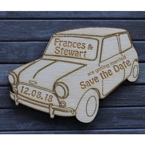 Personalised Classic Mini Car Wooden SAVE THE DATE Wedding or Civil Partnership Fridge Magnet