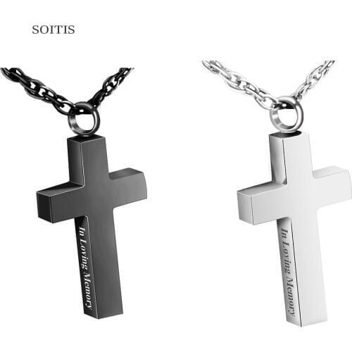 SOITIS Engraved With In Loving Memory Ashes Urn Dangle Pendant Cross Shape Black Memorial Necklace Urn Jewelry Prayer Box