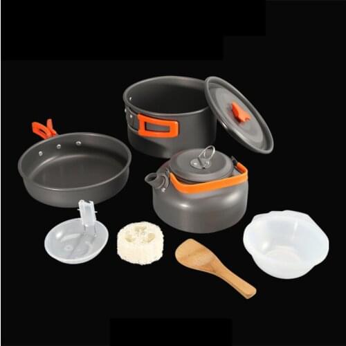 Aluminum alloy Portable Outdoor Cooker Pot 2-3 person Travel Camping Frying Pan Teapot 9-piece Set With Color Box For Gift