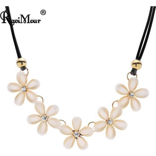 RAVIMOUR Opal Flower Choker Women Necklace Trendy Korean Style Black Leather Cord Chain Collier Femme Bijoux Gift for Girls 2019