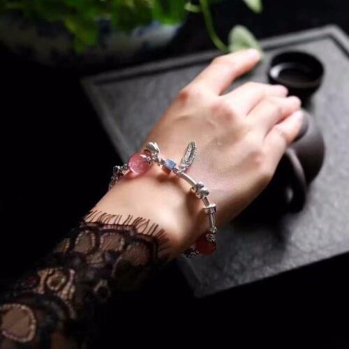 Handmade Strawberry Quatrz&Hair Crystal Fashion Bracelet For Lady 925 Pure Silver Ethnic Style Hand Bracelets Fine Jewelry
