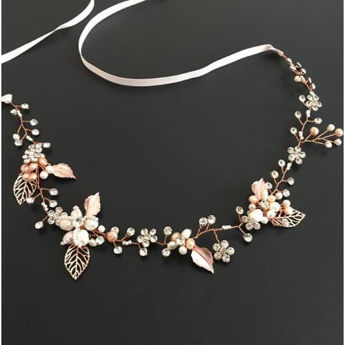 SLBRIDAL Rose Gold Wired Rhinestones Crystals Freshwater Pearls Wedding Headband Bridal Hair Vine Hair Accessories Bridesmaids