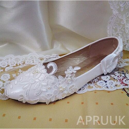 Flats lace appliques wedding shoes bride handmade small big plus sizes satin BOW bridal bridesmaid flower girl fltas shoes white