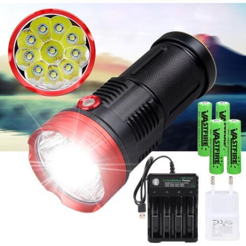 Ultra Bright 6000 Lumens 10*T6 LED Flashlight 3 Lighting modes Waterproof Camping Huting Light Torch+4*18650 Battery+USB Charger