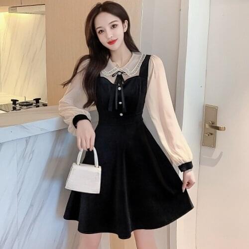 Vintage Women Velvet Patchwork Dress Elegant Peter Pan Collar Lantern Sleeve Party Robe High Waist Slim Vestidos Korean Dresses