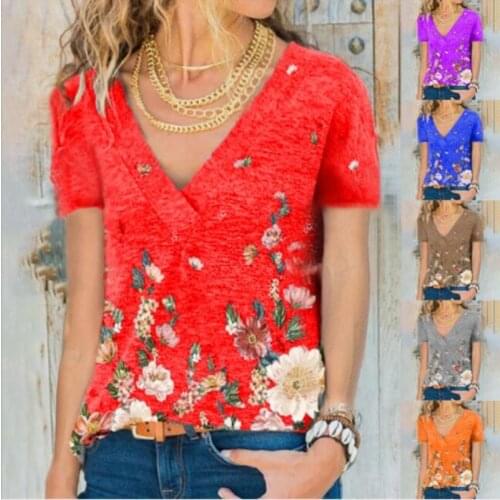 Large Size Women T Shirt 2021 New Summer Short Sleeves Floral Print Tee Shirts Loose Casual V-neck Beach Top