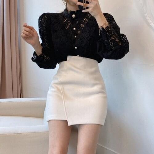 Spring and Autumn Personality New Womens Blouse Solid Color High Round Neck Hollow Lace Long-sleeved Shirt for Ladies Hot Sale