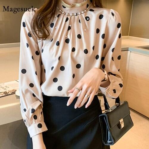 New Polka Dot Print Spring Chiffon Shirt Elegant Fashion Beading Long Sleeve Blouse Women Pleated Slim Stand Collar Tops 13095