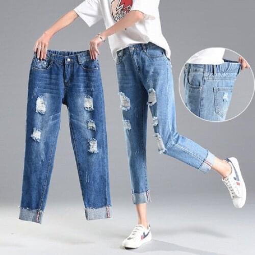 Denim fabric Destroy Wash jeans women jeans ripped hole jeans high waist pants ankle-length trousers students jeans