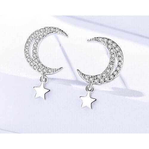 925 Sterling Silver Moon Star Stud Earrings Jewelry for Women Gift Clear Micro aaa Cubic Zirconia Wedding Party Earring Female