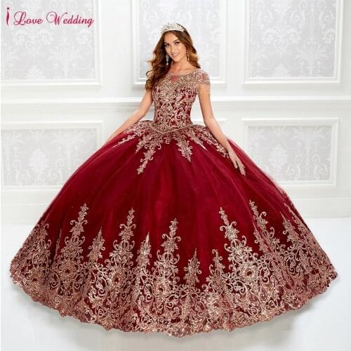 2021 New Red Beaded Ball Gown Quinceanera Dresses Gold Beads Sweet 16 Dress Pageant Gowns vestido de 15 anos años quinceañera