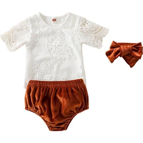 Toddler Baby Girls Summer Outfits 3Pcs Short Sleeve Floral Lace Romper + Shorts + Headband Set Infant Kids Clothes Set