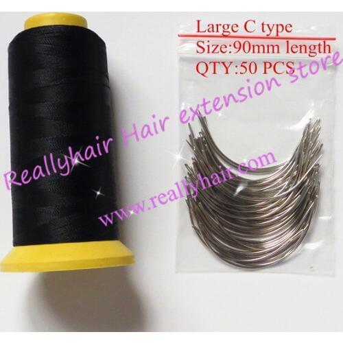 Free shipping 50pcs Large type C hair weaving needles curved needles with 1 roll Black thread Nylon weaving thread