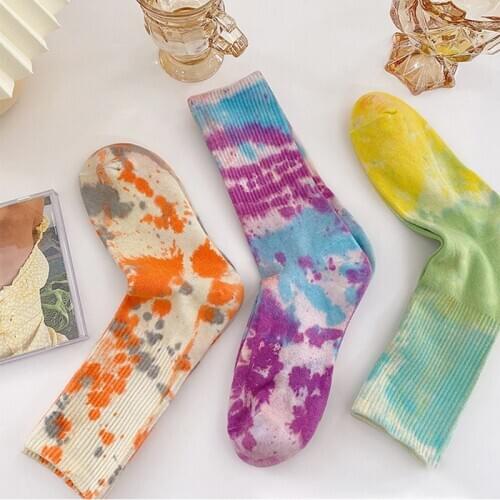 BPP 2 Pairs Winter Ethnic Style Handmade Tie-Dye Fashion Socks Womens Tube Socks Splash Ink Halo Color Long Tube Trendy Socks