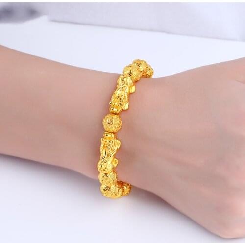 Fengshui Prosperity Bracelet 12mm Natural Bead Bracelet Single Gold Pi Xiu / Pi Yao Attract Wealth Health and Good Luck Gift