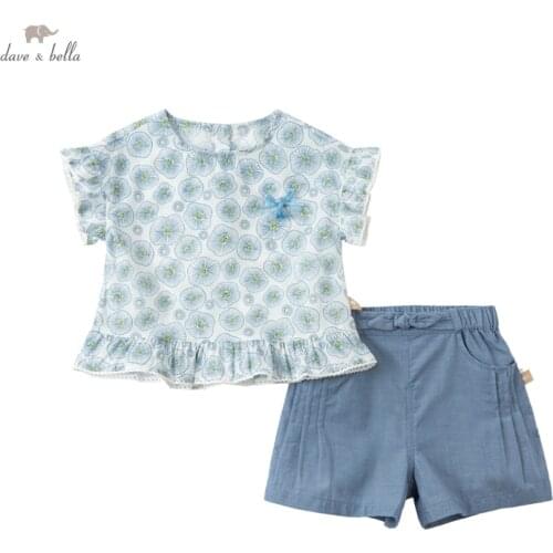 DBM17571 dave bella summer baby girls cute bow print clothing sets kids fashion short sleeve sets children 2 pcs suit