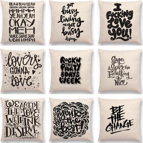Black White Pattern Decorative Letters Fun Words Meaningful Saying Short Sentences Nice Mind Cushion Cover Sofa Pillow Case