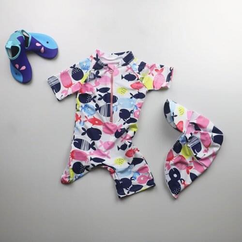 Kids Boys One-piece Childrens Sets Summer Clothing Whale Printed Zippered Swimsuit Bathing Rash Guard with Swimming Cap