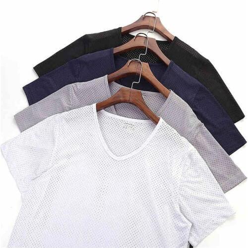 Breathable mesh short-sleeved T-shirt mens ice silk hollow mesh fast-drying exercise cool men half-sleeved thin section