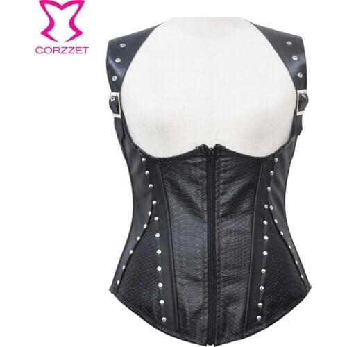 Gothic Black Leather Front Zipper Cupless Sexy Corset Vest Steampunk Rivet Hollow Out Underbust Corsets Top Gothic Clothing
