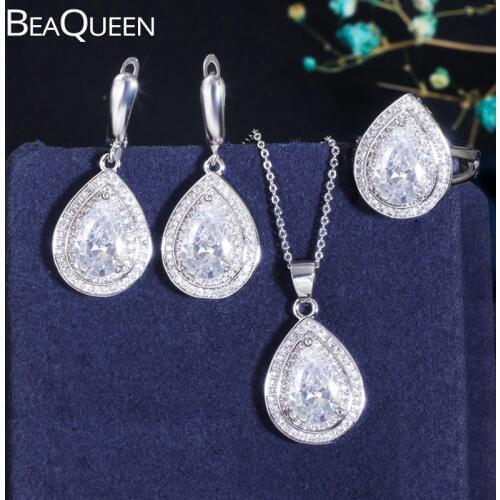 BeaQueen Shiny 3pcs Cubic Zirconia Crystal Water Drop Earring Necklace and Ring Women Sterling Silver 925 Jewelry Sets JS051