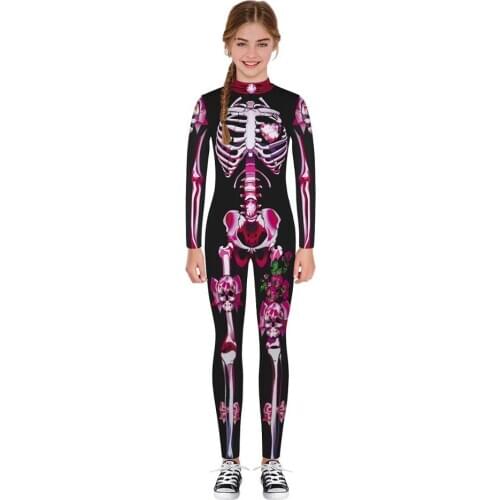 Rose Skeleton Costume Jumpsuit 3D Print Scary Halloween Costumes For Kids Mechanical Skull Cosplay Girl Bodysuit