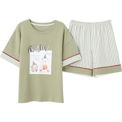 Summer nightdress 100% cotton short sleeve shorts pajamas thin round collar printing two-piece sleepwear woman pijama set