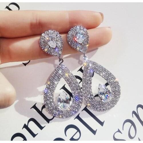 Cute Female Big Water Drop Earring Sweet Cute Crystal Shining Rhinestone Earrings Wedding Jewelry Women Vintage Long Dangle