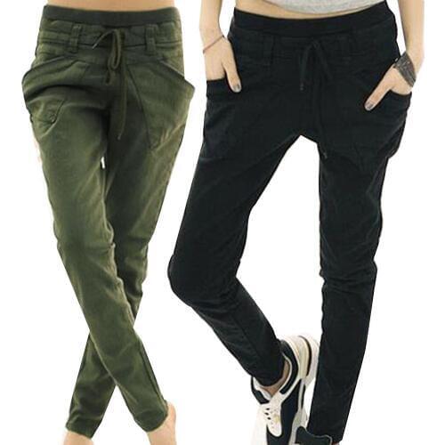 Fashion Chic Women Solid Color Drawstring Elastic Waist Slim Pencil Pants Trousers All-match Cotton/ Spandex Womens Pants