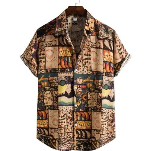 Men Clothing Hawaiian Shirt Men Vintage Short Sleeve Camisas Summer Print Casual Button Shirt Holiday Beach Mens Ethnic Shirts
