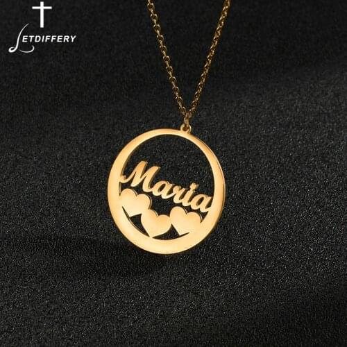 Letdiffery Personalized Custom Name Round Pendant Necklace Stainless Steel Three Heart Necklaces for Women Party Birthday Gifts