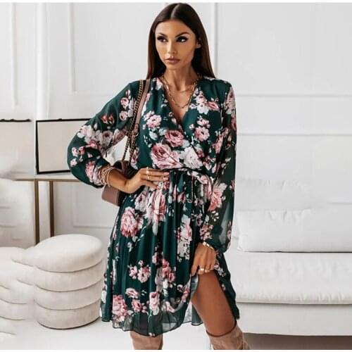 Sexy V-neck Womens Dress Fashion Casual Spring Autumn New Long Sleeve Floral Print Green Lace Up Beach Party Dresses Robe Femme
