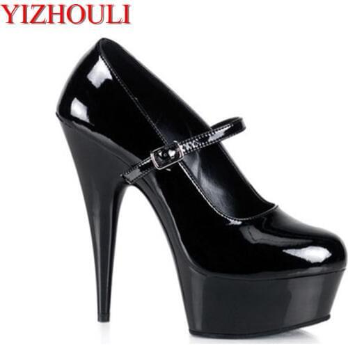 15CM Sexy Ultra High Heels Shoes Womens Pretty Single Shoes Red Patent Platform Mary-Jane Shoes With 5 3/4 Inch Stiletto Heel