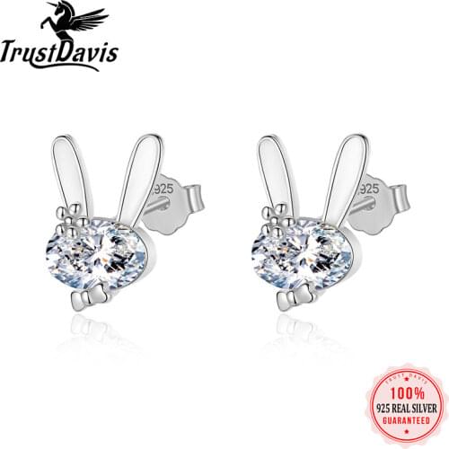ElfoPlataSi 100% 925 Solid Real Sterling Silver 10mmX6mm Rabbit CZ Stud Earrings For Women Girl Fine Silver Jewelry XY1240