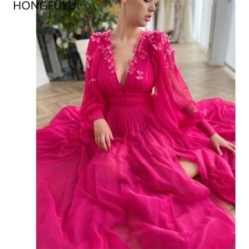 HONGFUYU Empire Elegant Chiffon Hot Pink Evening Dresses Long Sleeve Deep V-neck вечерние платья Formal Prom Dress Side Split