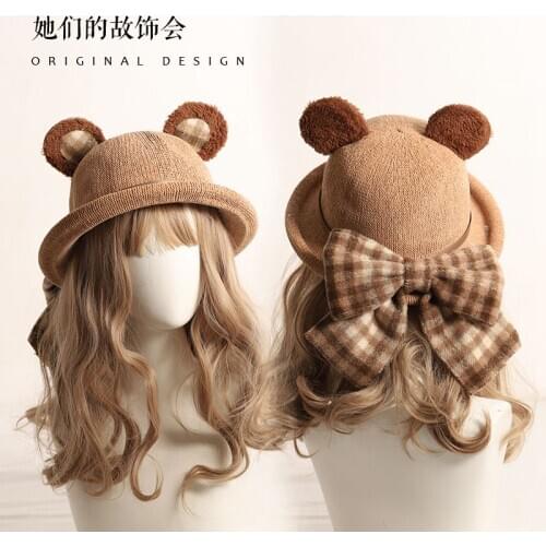 Japanese Kawaii Bear Ears Plaid Bowknot Handmade Dome Cap Sweet Lovely Litttle Bear Fishermans Hat Winter Porkpie Hat Top Hat