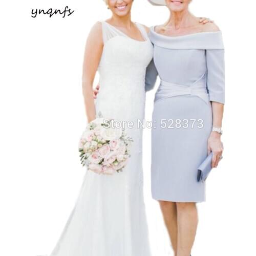 YNQNFS MD193 Elegant 3/4 Sleeve Pale Blue Satin Off Shoulder Sheath Short Mother of the Bride/Groom Dresses Outfits 2019
