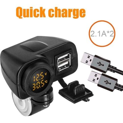 Motorcycle Motorbike Dual USB Charger LED Digital Voltage Display Thermometer Motocycle Accessories