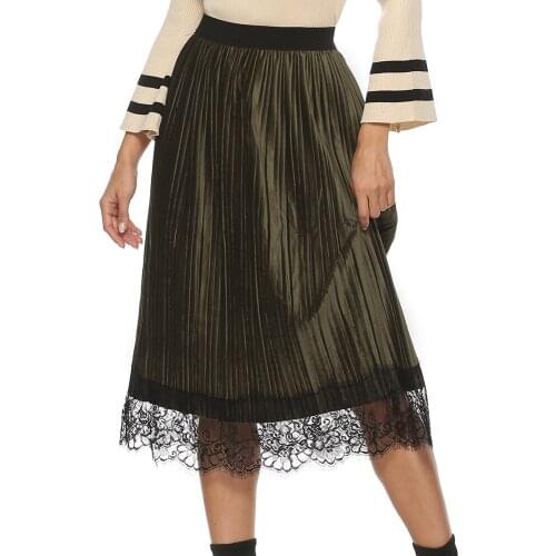 Spring Fall Office Ladies High Waist Pleated Skirt Lace Patchwork Gold Velvet Casual Skirts Women Robes T3348