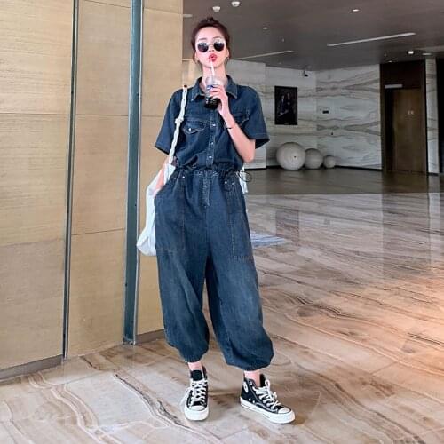 2021 Summer Women Short Sleeve Loose Casual Denim Jumpsuit Female Streetwear Hip Hop Harem Wide Leg One Piece Jeans Set Overalls