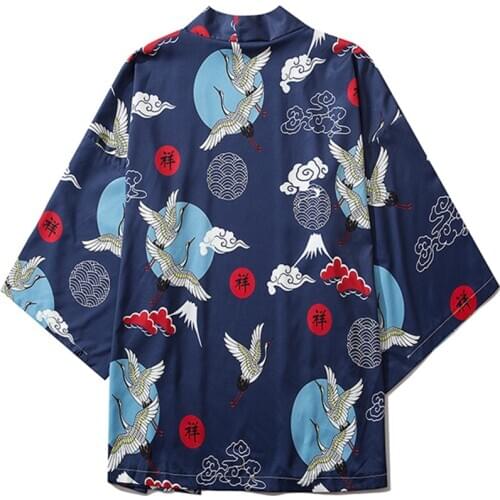 Yukata Women Blue Kimono Cardigan Traditional Japan Asia Clothes Summer Crane Print Shirt Top Casual Kawaii Cosplay Sexy Costume