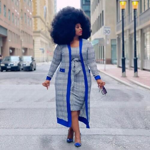 Long Coat Tank Dress Maxi Women Casual Cardigan Long Sleeve Winter Women Two Piece Dress Set Plaid Print Outfits