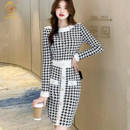 SMTHMA Women Sexy Off Shoulder Houndstooth Knitted Dress 2021 New Autumn Fashion Temperament Vintage Elegant Sweater Robe