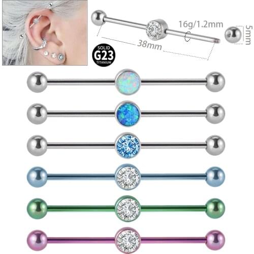 1Pc G23 Titanium Industrial Piercing Straight Barbell Earrings with 6mm Center Gem Cartilage Helix Oreja Rings Bar 16gX38mm