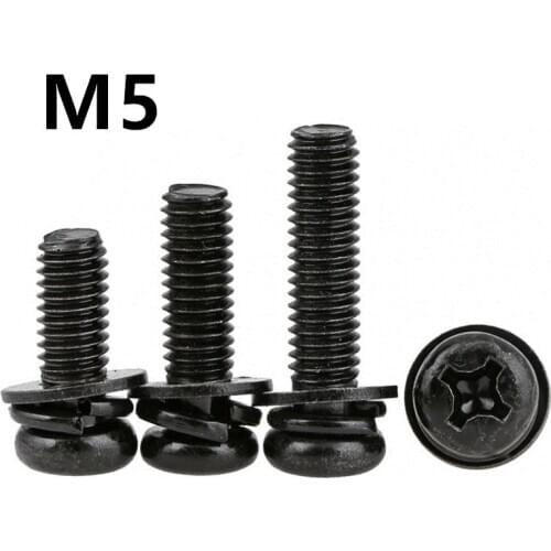 100PCS M5 GB9074.4 Black 304 Stainless steel phillips pan head three combination screw sems screws with washer tamper-resistant